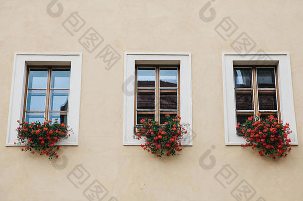 许多窗户都装饰着美丽的红花。用植物装饰房子的想法