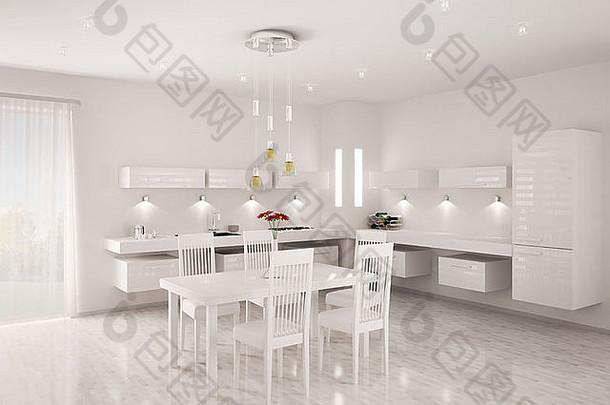 现代白色厨房内部3d渲染