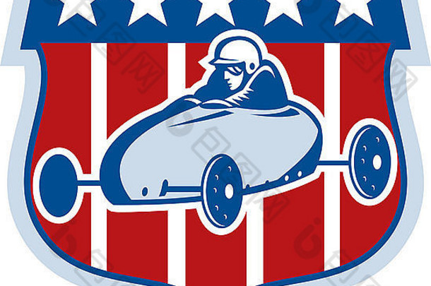 背景为星条旗的美国肥皂盒德比赛车的插图。