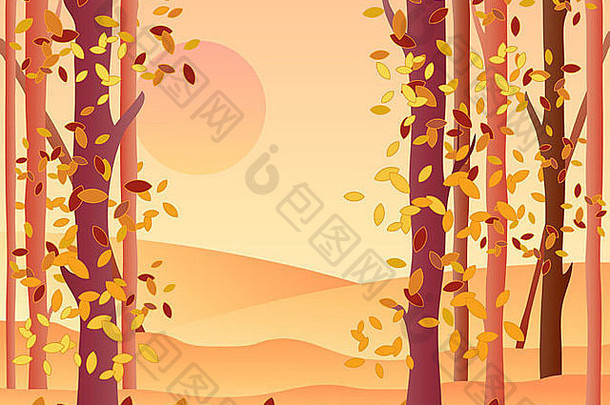 插图边缘秋天森林橙色字段叶子下降温暖的日落