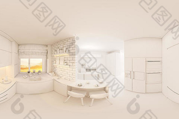 3d插图360度球形，客厅和厨房室内设计的无缝全景。斯堪的纳维亚迷你区的现代工作室公寓