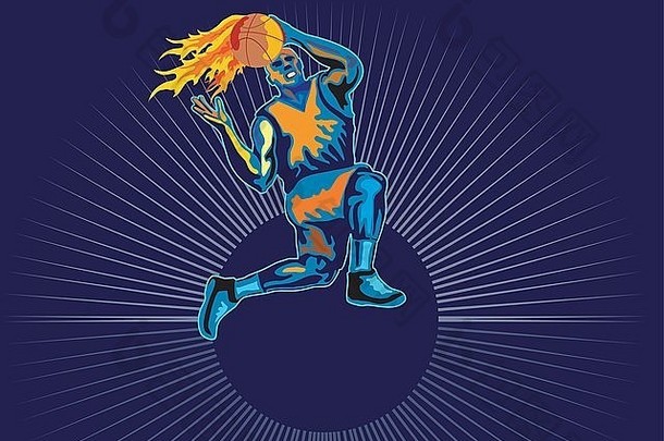 插图跳跃篮球球员捕捉球火复古的风格