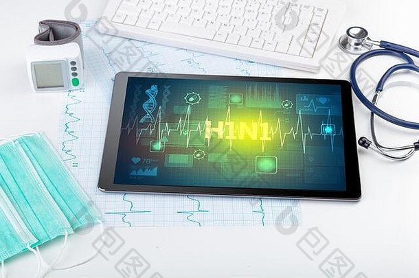 平板电脑和带有H1N1字样的医疗用品，预防概念