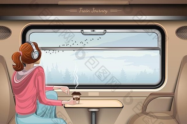 女孩坐在火车上，看着窗外