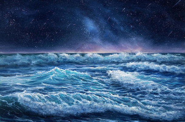 油画原作，在画布上表现海洋或海洋中的波浪和夜空。有星星的夜景。现代印象派、现代主义、马林主义