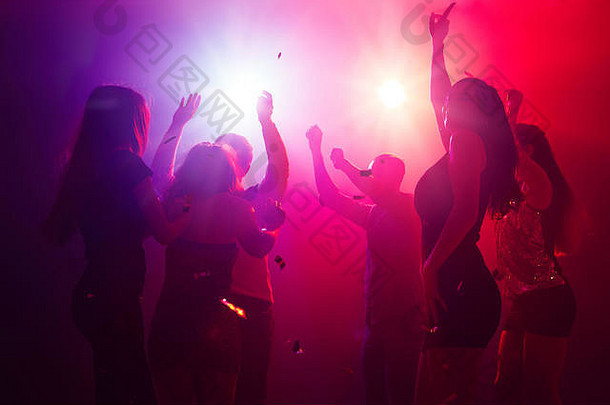 阴影人群人轮廓提出了手舞池霓虹灯光背景晚上生活俱乐部音乐跳舞运动青年purple-pink颜色移动女孩男孩