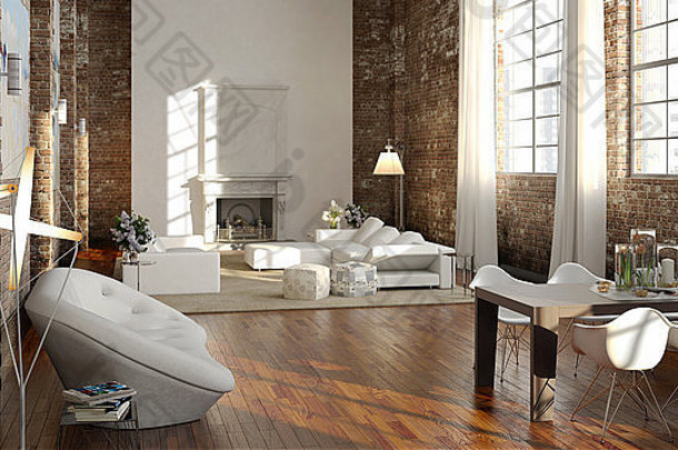 宽敞舒适的起居室，阁楼公寓，明亮的沙发。三维渲染