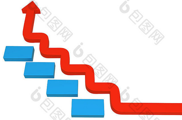 红色符号箭头蓝色方块楼梯，3d插图，水平，白色上方，隔离