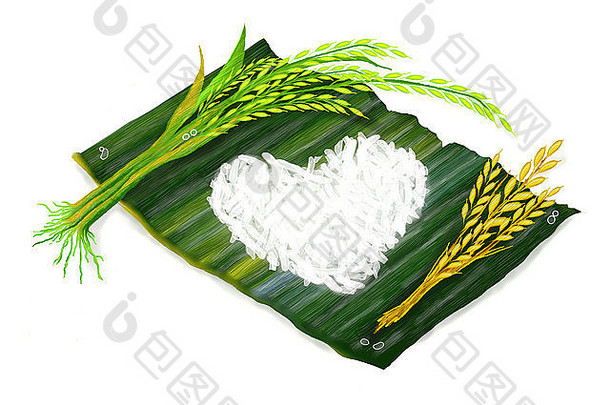 熟米饭、绿米饭和香蕉叶煮米饭的心形