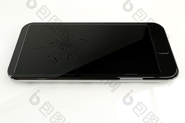 一款普通的现代智能手机，在隔离的白色工作室背景上有一个破裂的玻璃屏幕