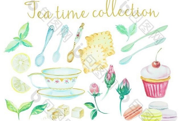 茶点时间。复古水彩杯、勺子、花、蛋糕、饼干等高细节系列。水彩画餐厅套装菜肴，水彩画图形