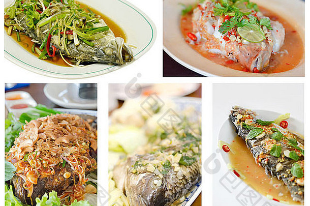 拼图来自亚洲食物中的鲷鱼和混合蔬菜的照片