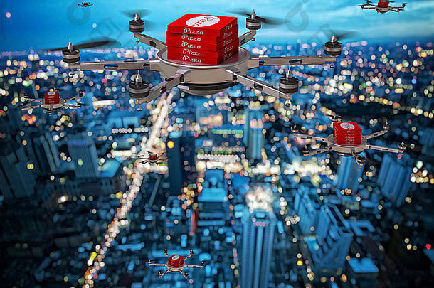 未来派比萨饼递送无人机的3d图像