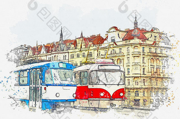 水彩草图插图传统的老式的有轨电车街布拉格捷克共和国