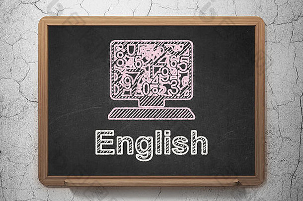 教育理念：计算机Pc和黑板背景的英语