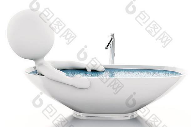三维插图。在浴缸里放松的白人。孤立白色背景