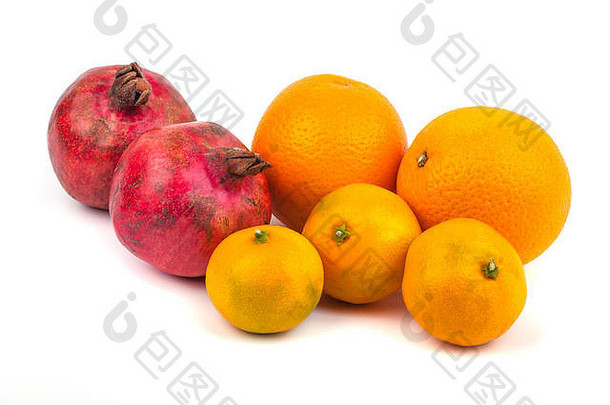 橙色普通话橘子石榴水果孤立的白色背景