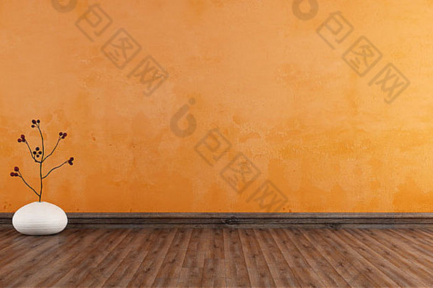 带橙色墙壁和木地板的空旧房间-渲染