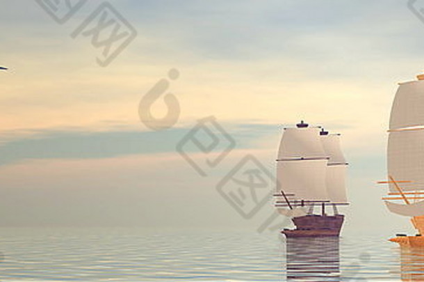 两艘不同木材颜色的漂亮老船在阴沉的夕阳下静静地漂浮在一只鸟旁边