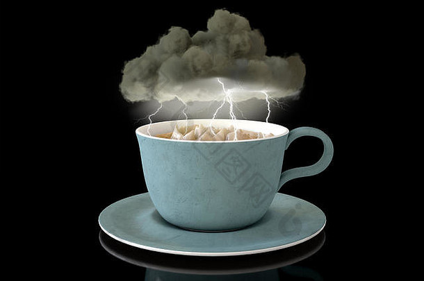 一个黑色风暴云盘旋在一杯湍急的茶上，闪电击中一个孤立的背景的字面概念-3D渲染