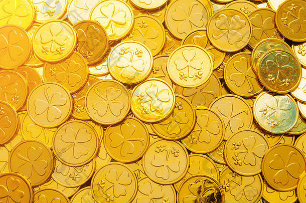 圣帕特里克节背景。三叶草金币，圣帕特里克节概念。圣帕特里克节节日卡