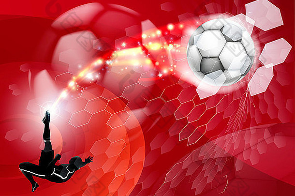 摘要红色的足球体育运动背景详细的轮廓足球球员踢足球球粉碎网