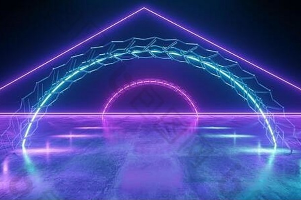 霓虹灯发光的三角形紫色的蓝色的金属建设混凝土隧道走廊大厅工作室网络宇宙飞船复古的现代sci未来主义的激光任