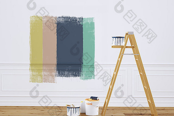 装修时用梯子粉刷房间墙壁。三维渲染