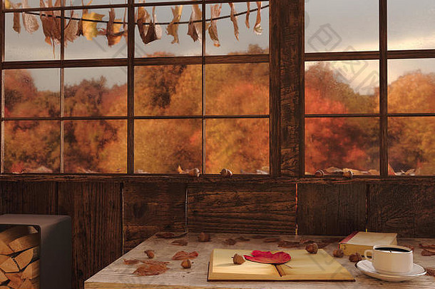 呈现杯咖啡木窗台上叶子前面色彩斑斓的森林