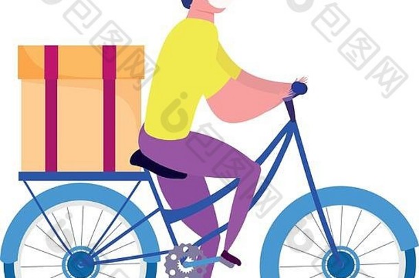 冠状病毒冠状病毒19型期间在家安全运送，带口罩的快递员骑自行车，带盒状媒介插图