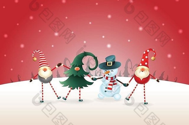 圣诞背景。快乐的朋友三个侏儒和雪人在红色的冬天庆祝圣诞节和新年