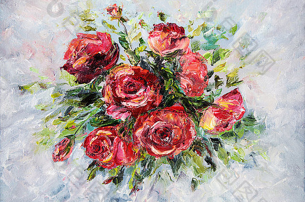 画布上美丽清新的玫瑰花束的原始抽象油画。现代印象派、现代主义、马林主义