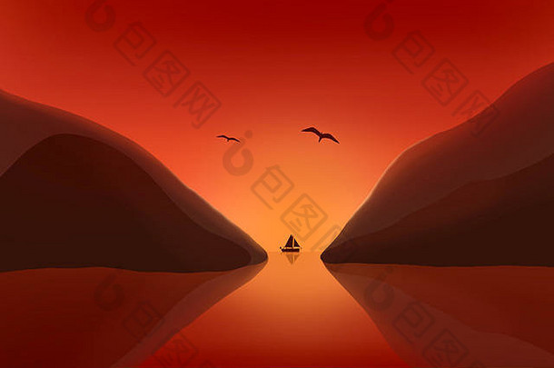 帆船热带日落海洋山海鸥飞行发光的天空