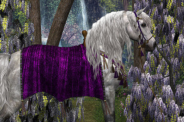 一匹白色阿拉伯种马的肖像，穿着花哨的马鞍和缰绳，背景是紫色的紫藤花。。