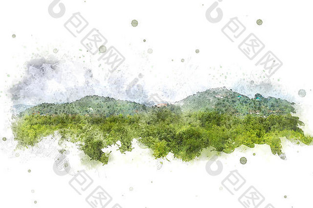 抽象山丘上的水彩画背景。