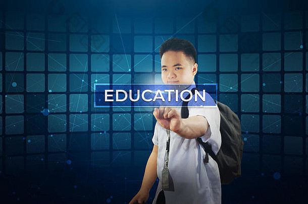 学生触碰虚拟屏幕年轻的学校男孩触碰全息图显示屏幕贴上标签教育研究材料图标