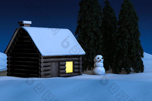 3d渲染、雪人和冬季小屋