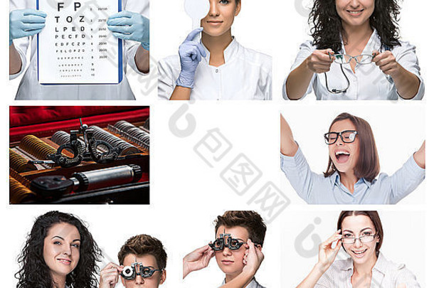 验光师拿着验眼眼镜，给年轻女子验眼。以眼科学为主题的拼贴