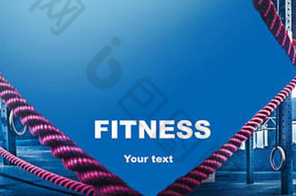 这幅拼贴画描绘的是一个拿着战绳的男人和一个健身馆里的女人。健身房、运动、绳索、训练、运动员、锻炼、锻炼概念