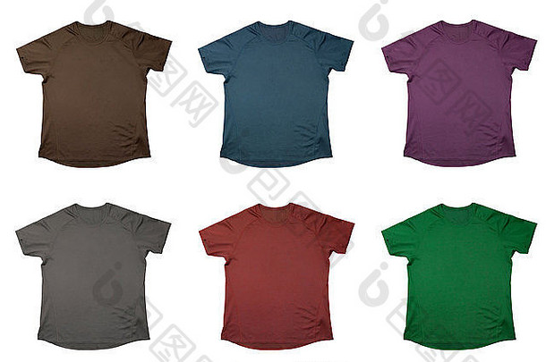 六件不同颜色的t恤衫，白色隔离