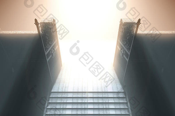一幅描绘天堂的珍珠门打开，明亮的一面与暗淡的前景和通向它的楼梯形成对比-3D渲染