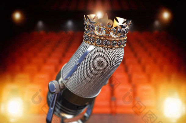 复古话筒和王冠。音乐奖，最佳歌手演唱会，流行摇滚乐之王概念背景。。三维插图