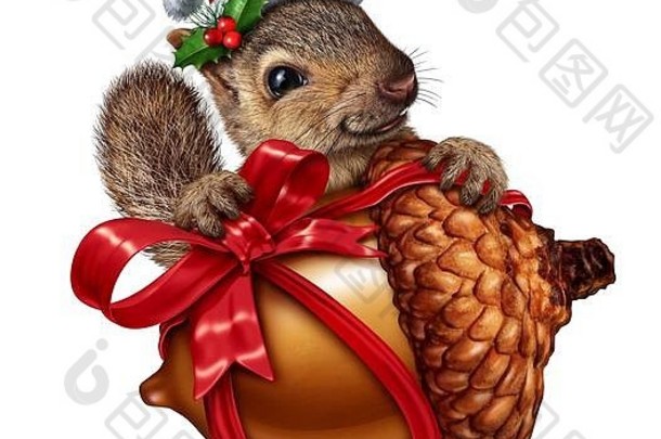 圣诞松鼠礼物是一种有趣可爱的动物，它手持一颗巨大的橡子树坚果，上面有一个红色的节日蝴蝶结，象征着欢乐。
