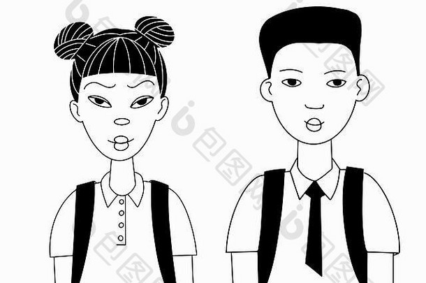 亚洲十几岁男孩和女孩的脸勾勒出单色涂鸦风格的插图