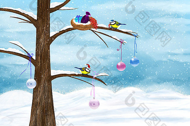 山雀在树上庆祝圣诞节。节日冬季插画。