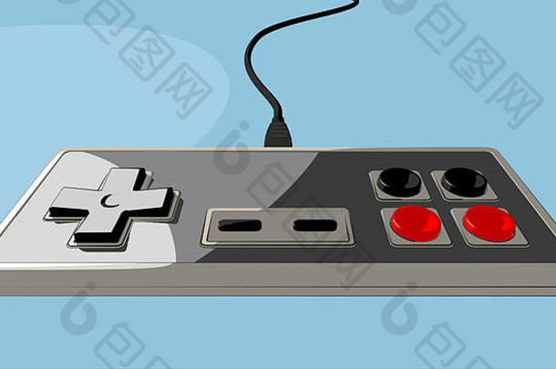一个普通的老式矩形游戏控制器，在一个孤立的白色工作室背景上有红色和黑色按钮-3D渲染