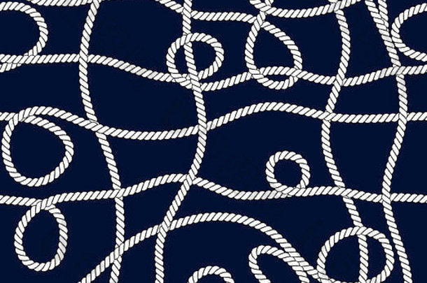无缝海洋绳结模式。无休止的插图，白色绳索装饰和深蓝色背景上的航海结。准备好做纺织品了吗