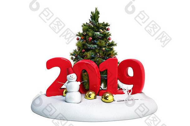 2019年新年雪岛，雪人和圣诞树3d渲染，白色无阴影