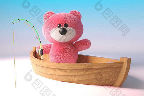 可爱的粉色毛茸茸的泰迪熊角色正在小船上钓鱼，3d插图渲染
