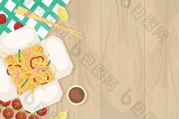 交付中国人食物盒子首页亚洲食物盒子炸面条虾蔬菜平躺插图